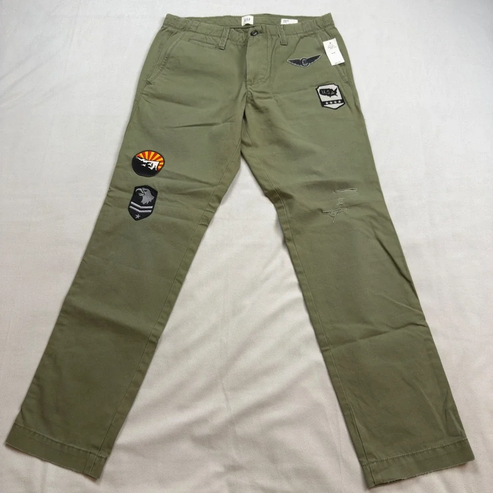 GAP Mens Slim Fit Military Patches Chino Pants 30x30 Olive Green‎ NWT - Picture 2 of 10
